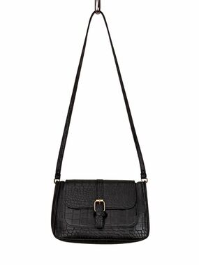 Black Croc-Embossed Crossbody Bag with Gold Buckle